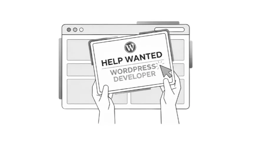 Editorial illustration of a website holding a Help Wanted sign for a WordPress developer.