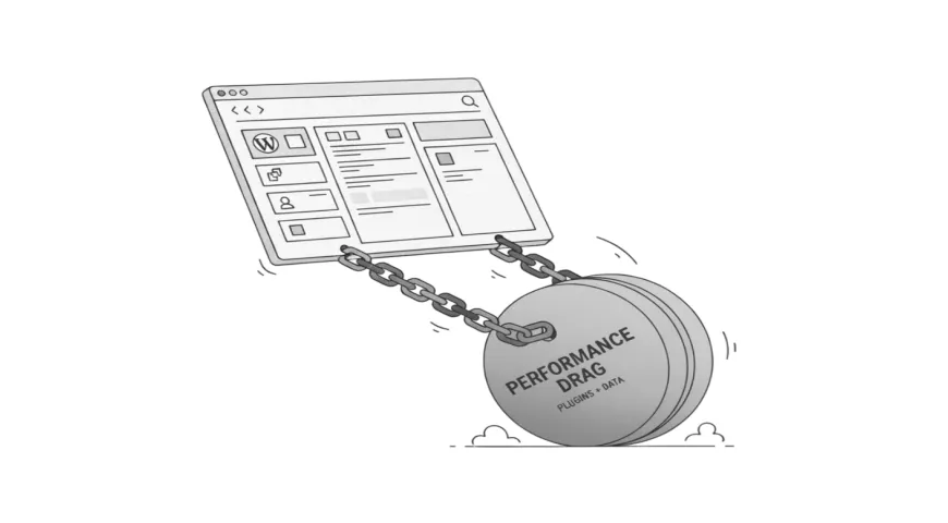 Illustration of a slow WordPress admin dashboard being pulled down by a heavy weight.