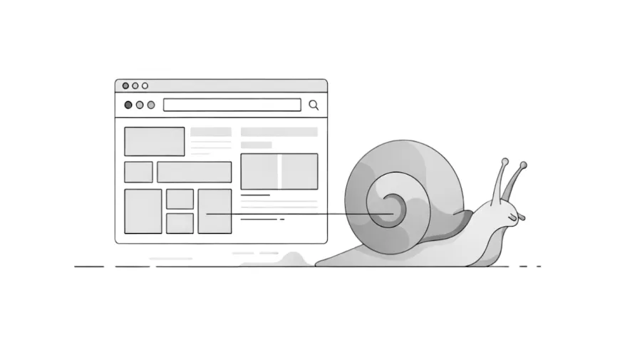 Illustration of a slow WordPress website represented by a browser window being pulled by a snail.