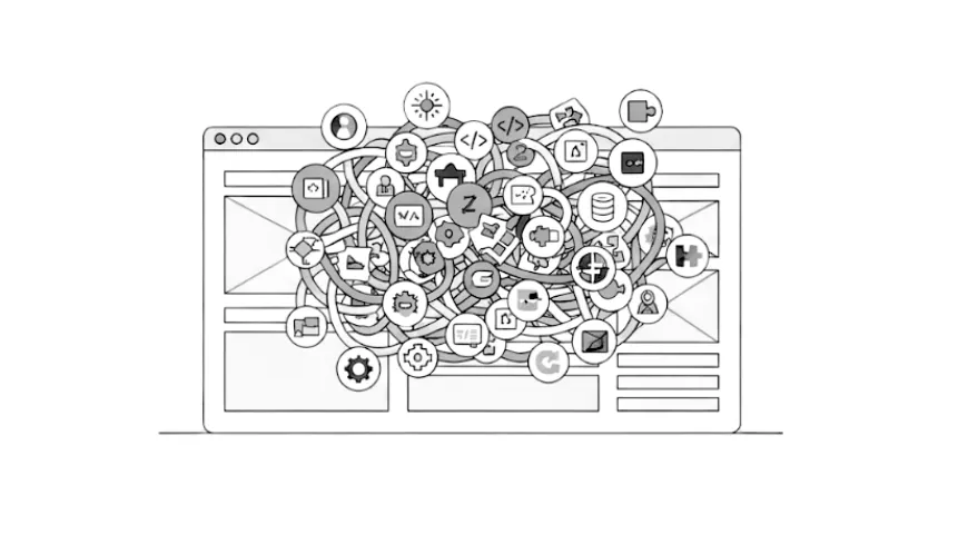 Editorial illustration of a website overwhelmed by tangled WordPress plugin icons.