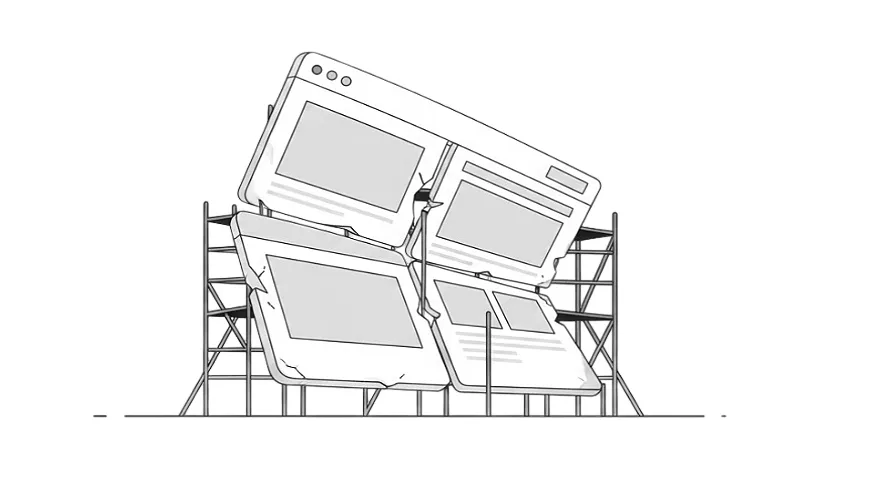 Editorial illustration of a broken website propped up on scaffolding to show it needs a rebuild.