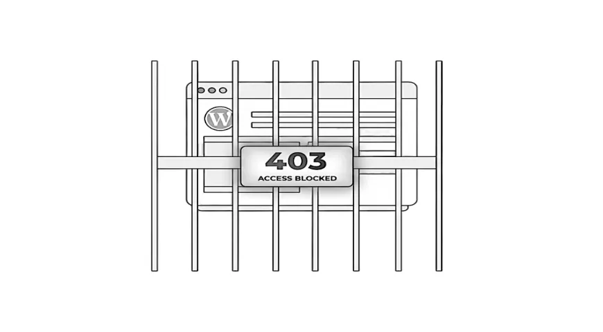Editorial illustration of a closed security gate marked 403 blocking access to a WordPress page.