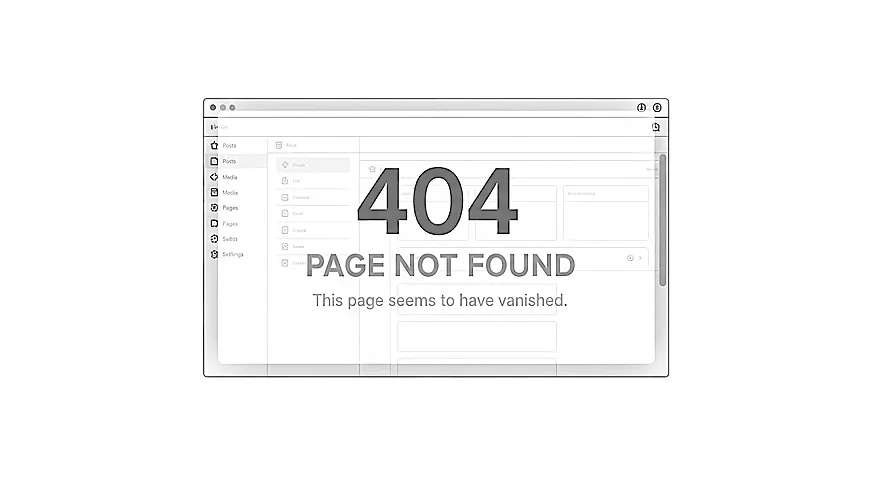 Editorial illustration showing a WordPress dashboard next to a blank page frame with a 404 not found message.