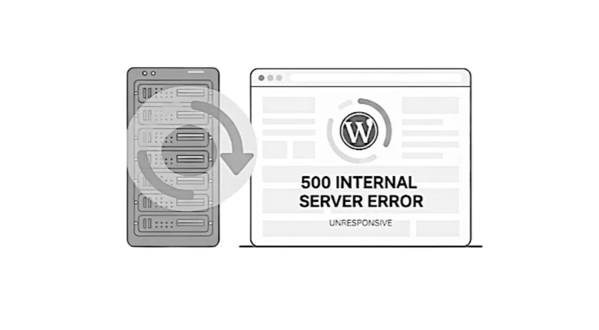 Editorial illustration of a server stack with a tilted 500 error panel and a WordPress interface waiting for a response.