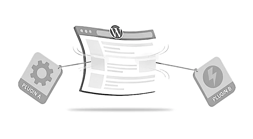 Illustration of two WordPress plugins pulling a dashboard apart, showing a plugin conflict.