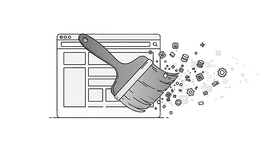 Editorial illustration of a website being cleaned as clutter is swept away.