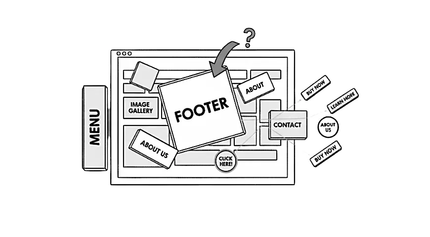 Editorial illustration of a website struggling with misplaced and messy layout elements.