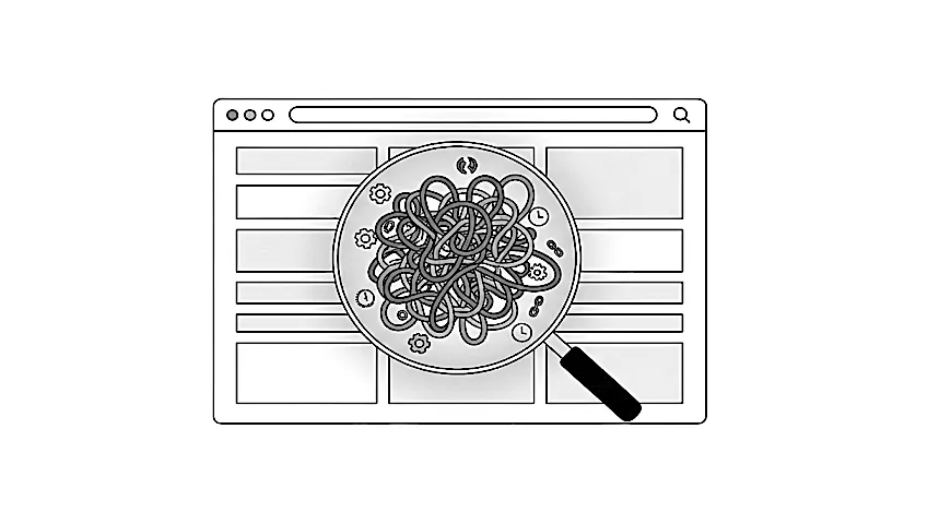 Editorial illustration of a website with hidden tangled problems revealed under a magnifying glass.