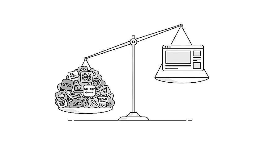 Editorial illustration of a lightweight website outweighing a pile of heavy features on a set of scales.