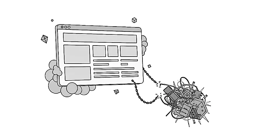 Editorial illustration of a website breaking free from being dragged down by an over-complicated bundle of features.