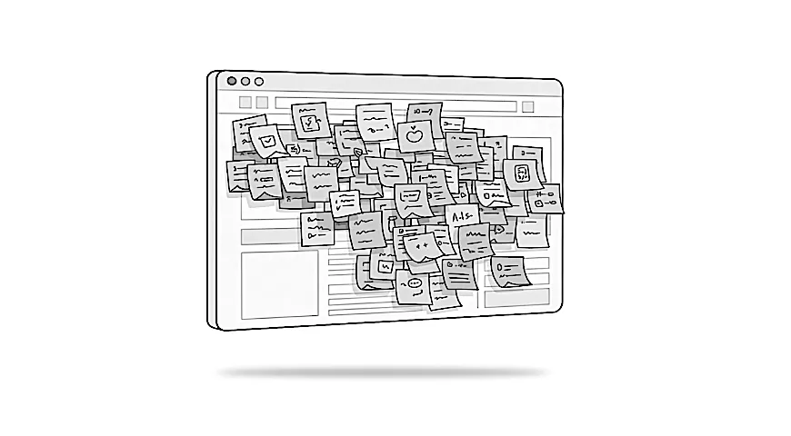 Editorial illustration of a website overwhelmed by many small sticky notes representing years of accumulated changes.