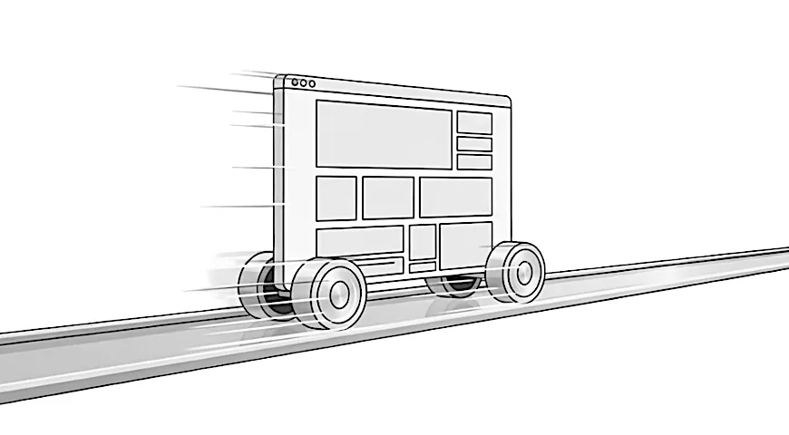 Editorial illustration of a smoothly running website gliding forward to show the feel of a well-maintained site.