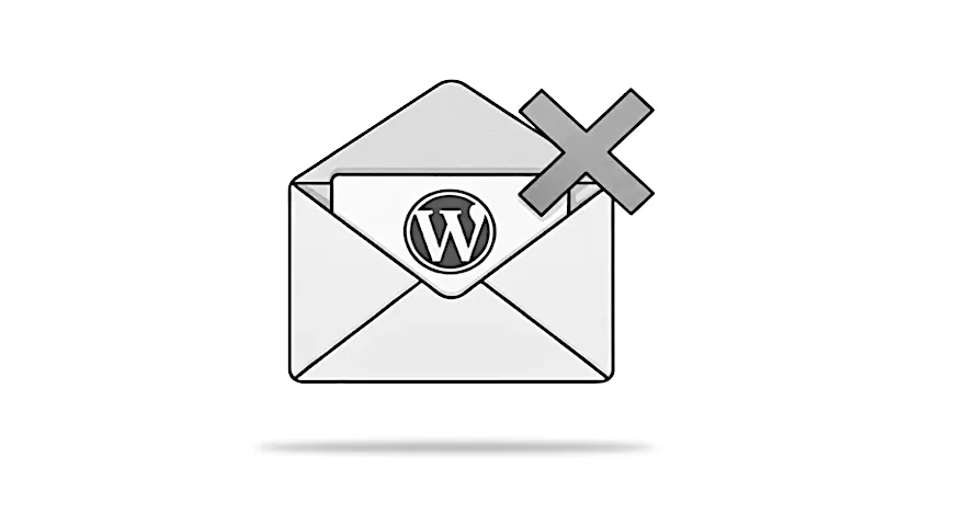 Editorial illustration of a WordPress email icon with an error symbol indicating messages not being sent.