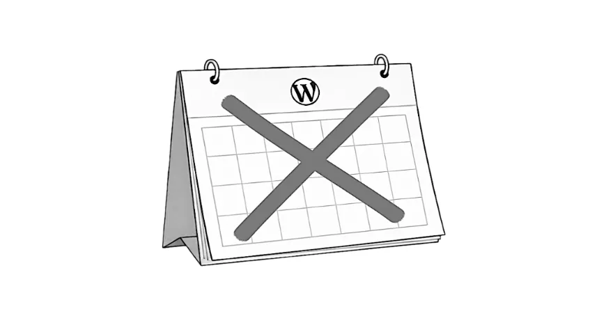 Illustration of a WordPress-style calendar with a marked date crossed out, representing scheduled posts that fail to publish as expected.