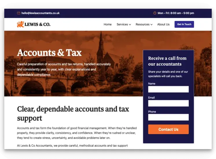 Accounts and tax service page layout on the Lewis & Co Accountants WordPress site