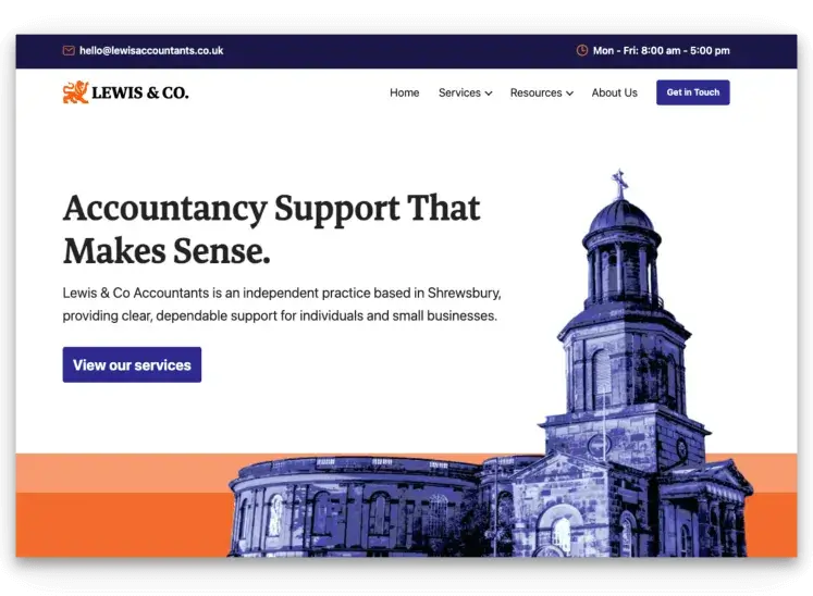 WordPress homepage hero for the Lewis & Co Accountants website