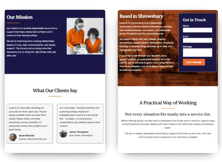 Mission and location content sections from the Lewis & Co Accountants website