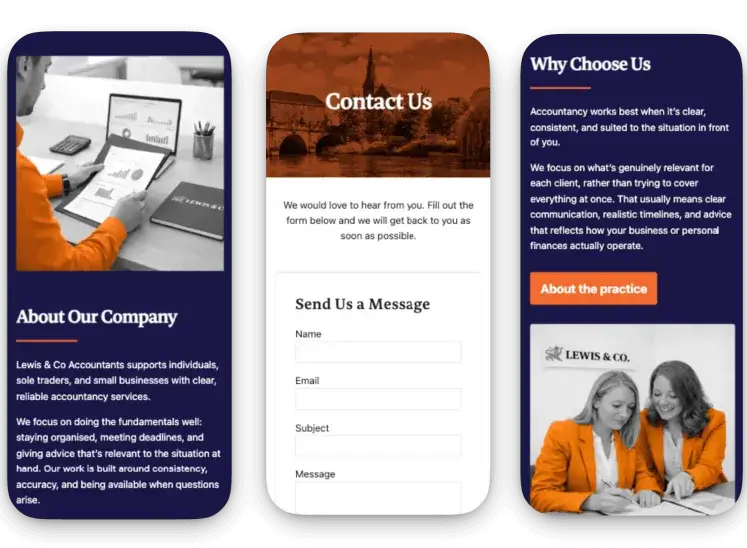 Mobile layouts of the about, contact, and approach pages on the Lewis & Co Accountants site