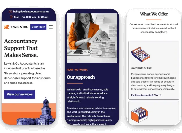 Mobile views of the Lewis & Co Accountants WordPress site showing homepage and services