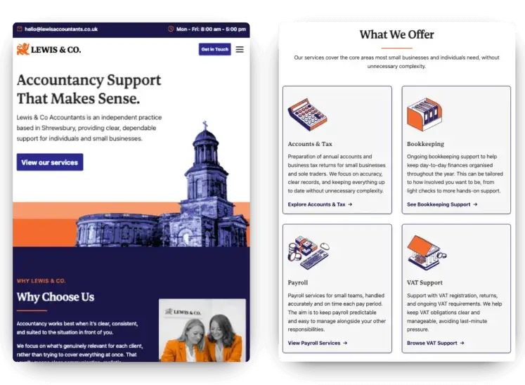 Tablet services overview layout on the Lewis & Co Accountants website